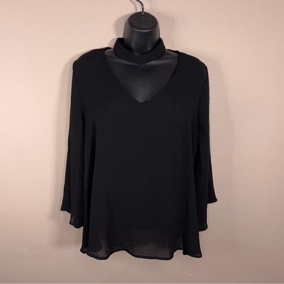 Large Ana Black Collar Style Blouse Flowy Chiffon 3/4 Sleeve Goth - Picture 13 of 14